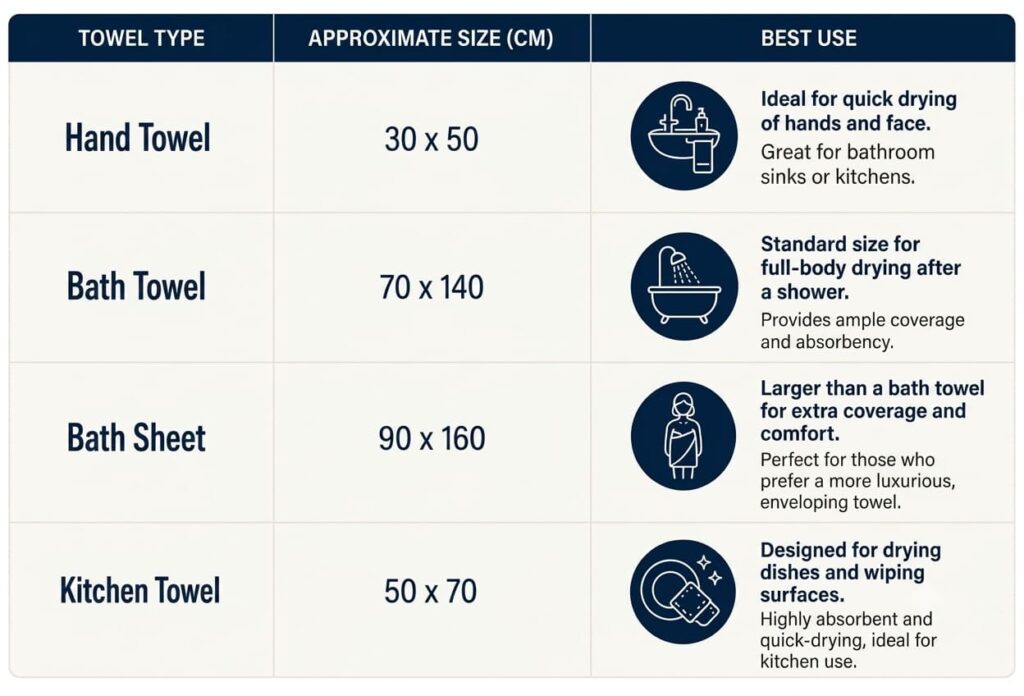Towel size chart for bathroom and kitchen
