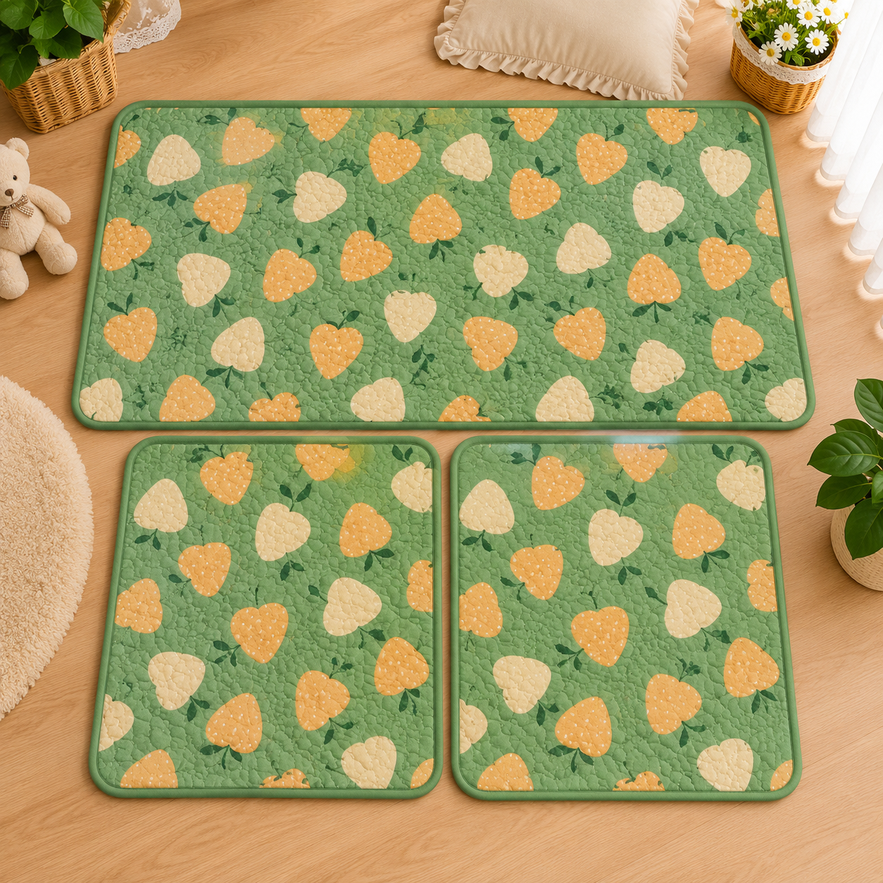 Sage green quilted floor mat set with heart patterns.