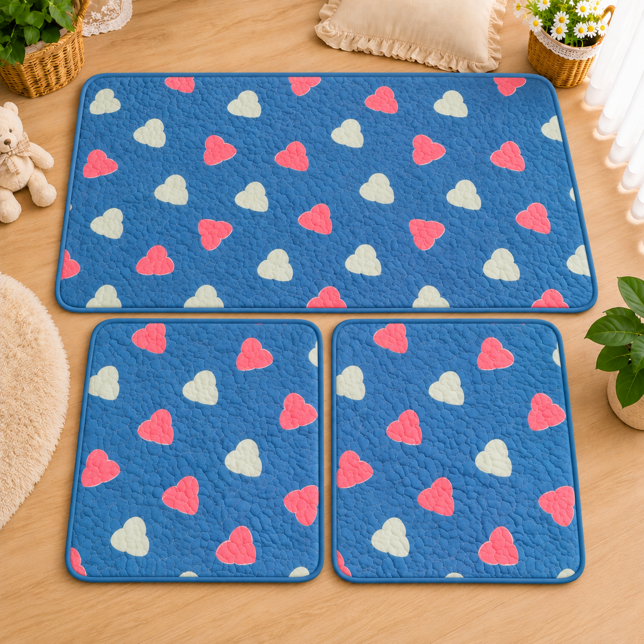 Blue quilted floor mats with pink and cream hearts.