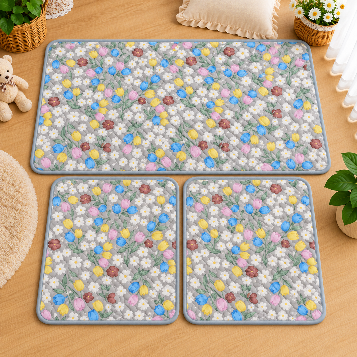 Blue and pastel daisy quilted floor mat set.