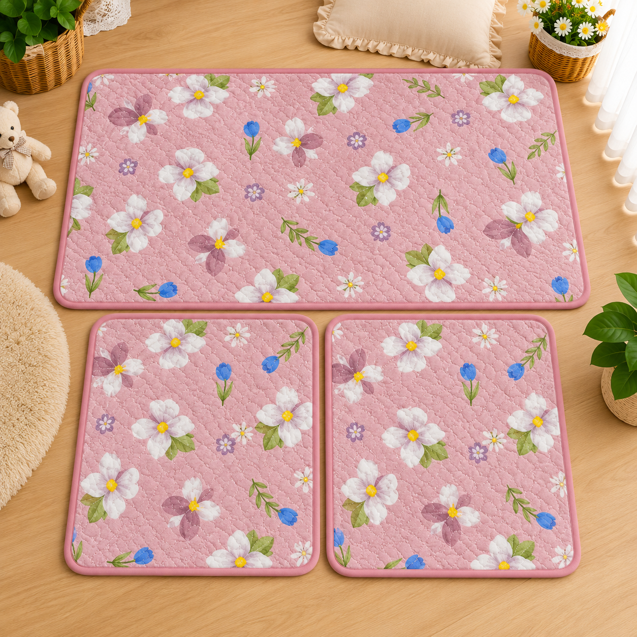 Baby pink floor mat set with white and yellow daisies.