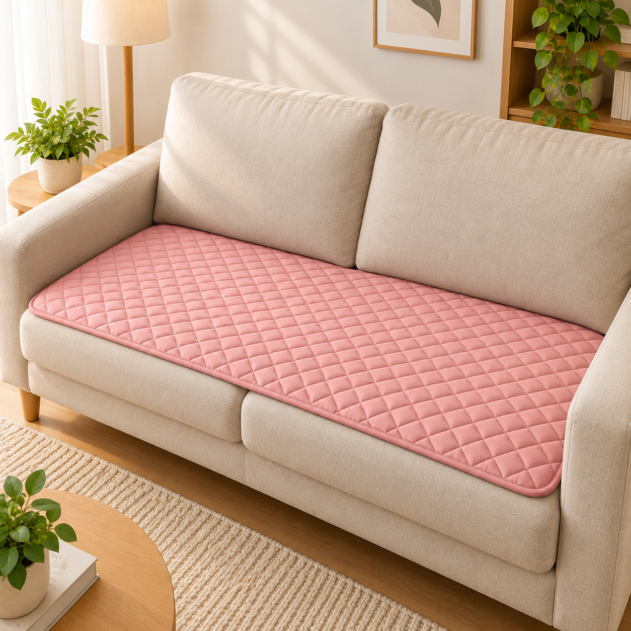 Coral pink quilted 70x150 cm seat pad on a three-seater couch.