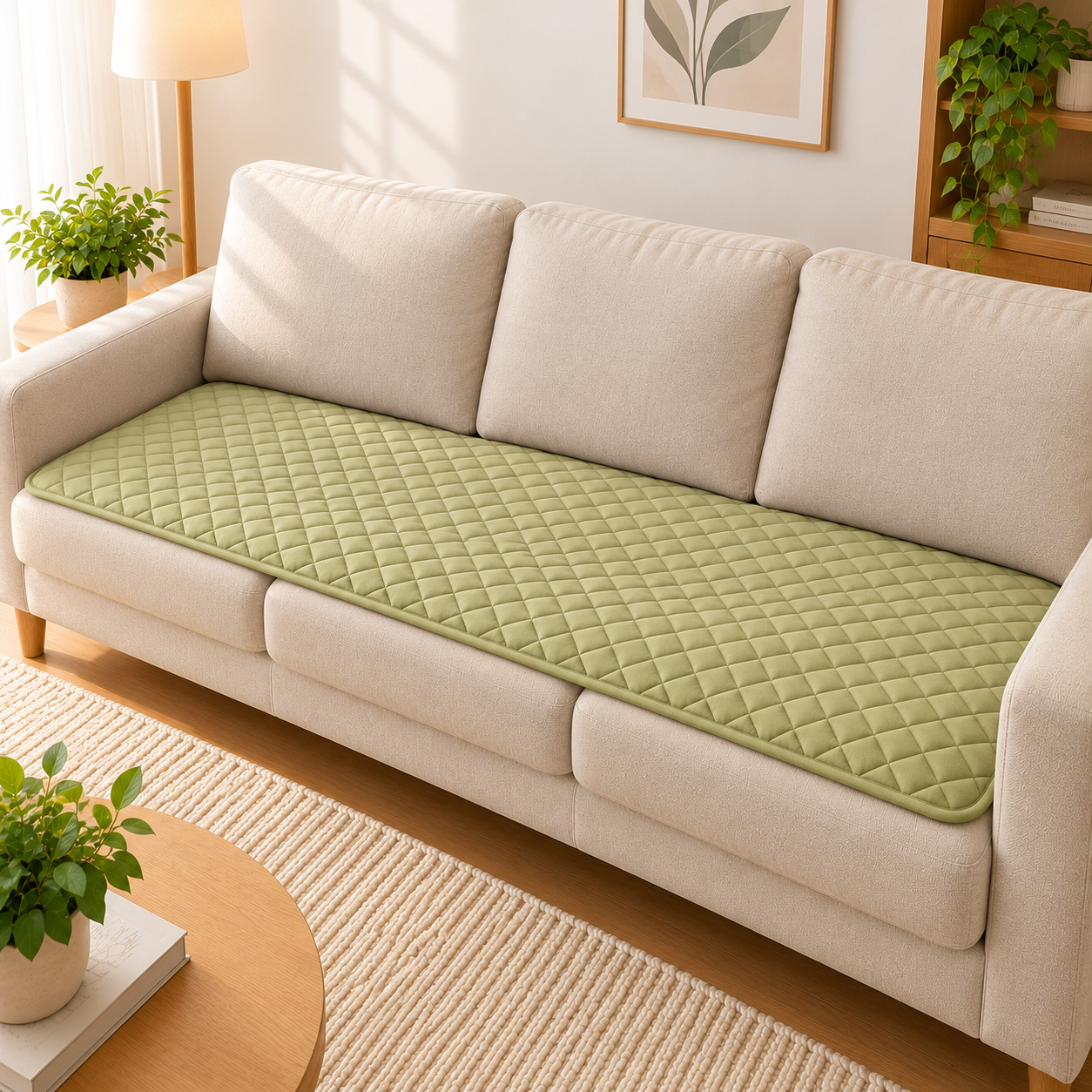 Sage green quilted 70x180 cm seat mat on a three-seater sofa.