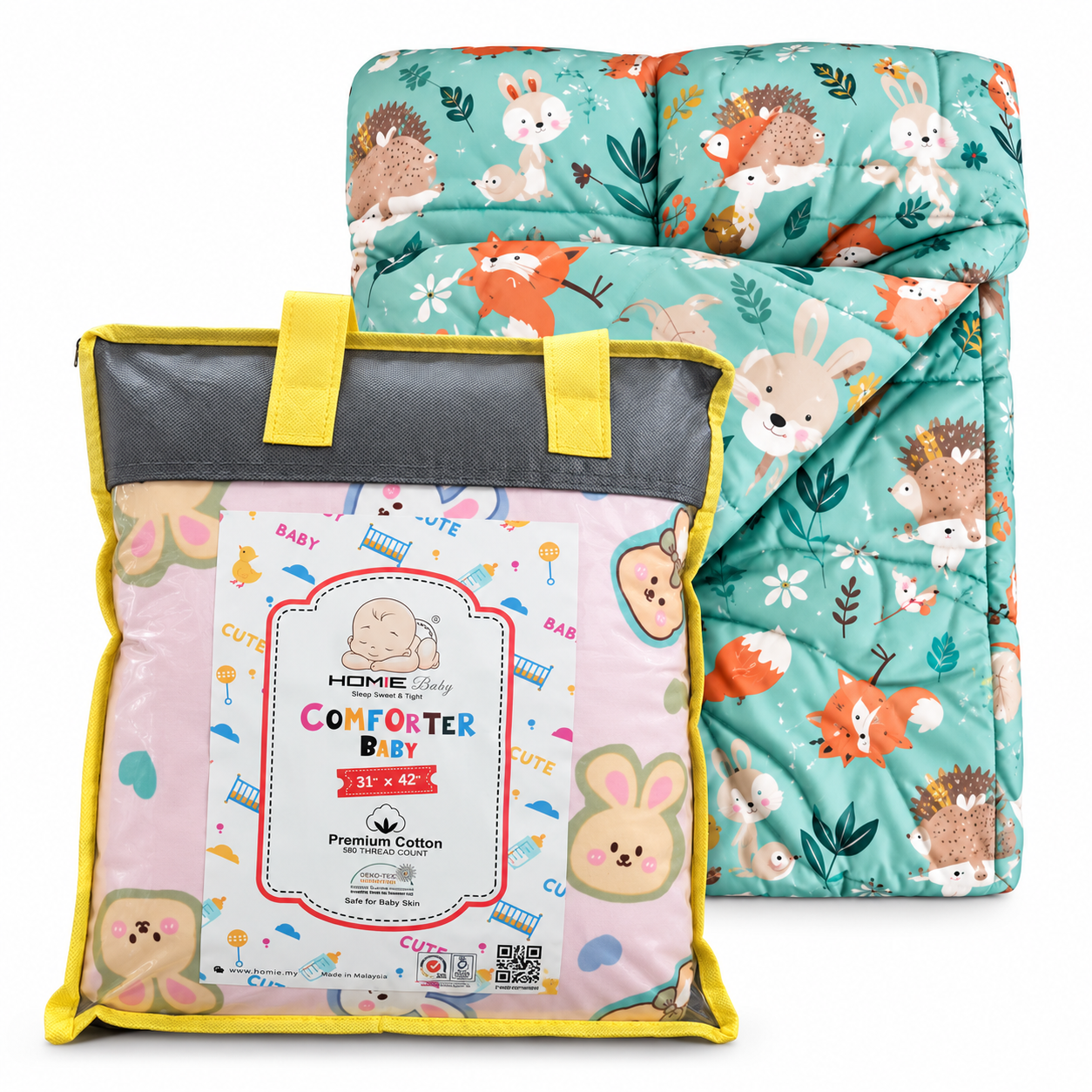 Folded teal woodland animal comforter inside a clear carry bag.