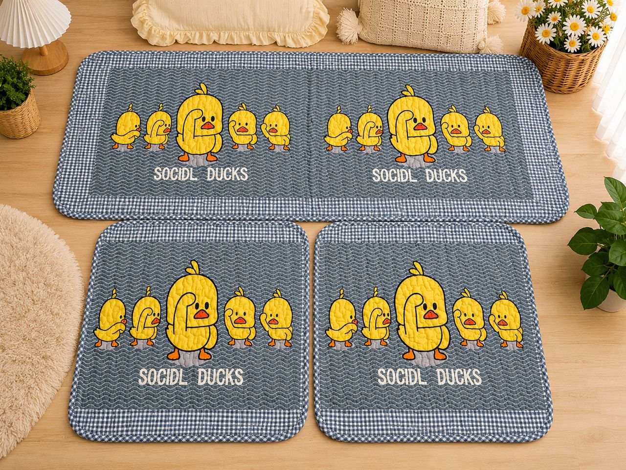 Gray floor mat set with cartoon yellow ducks.