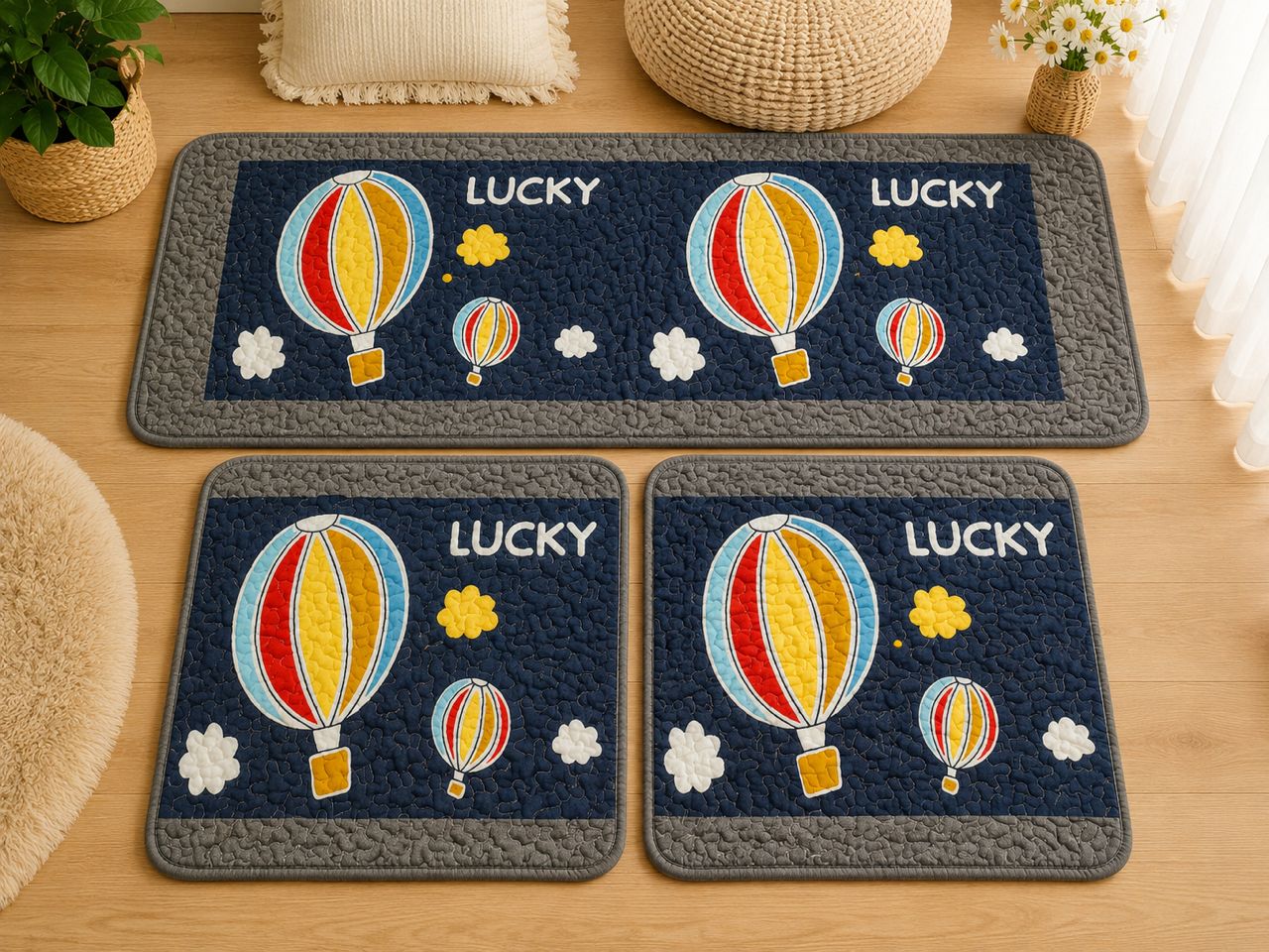 Navy blue floor mats with colorful hot air balloons.
