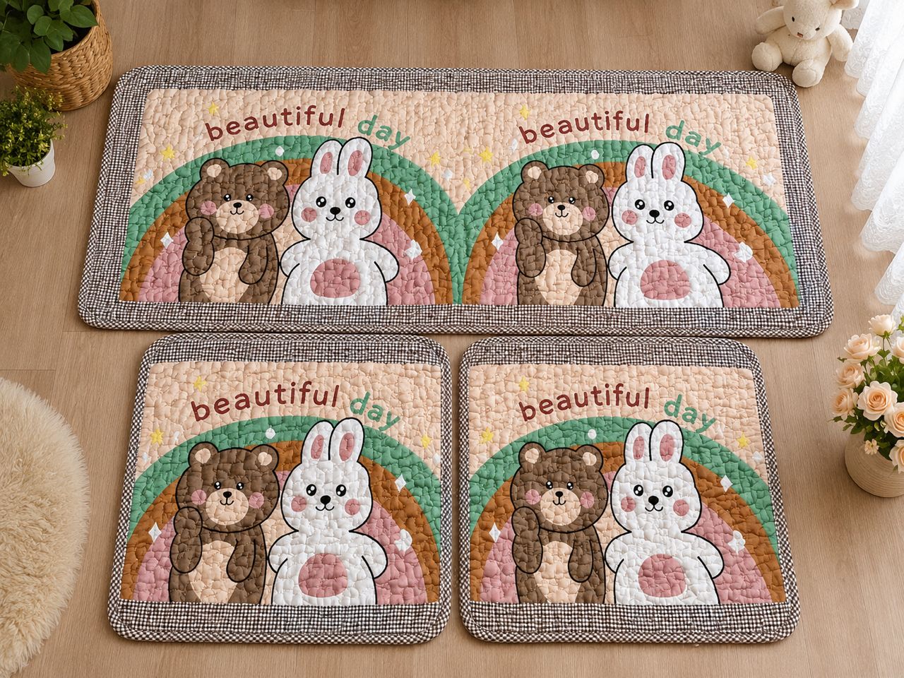 Cartoon bear and bunny rainbow floor mats.