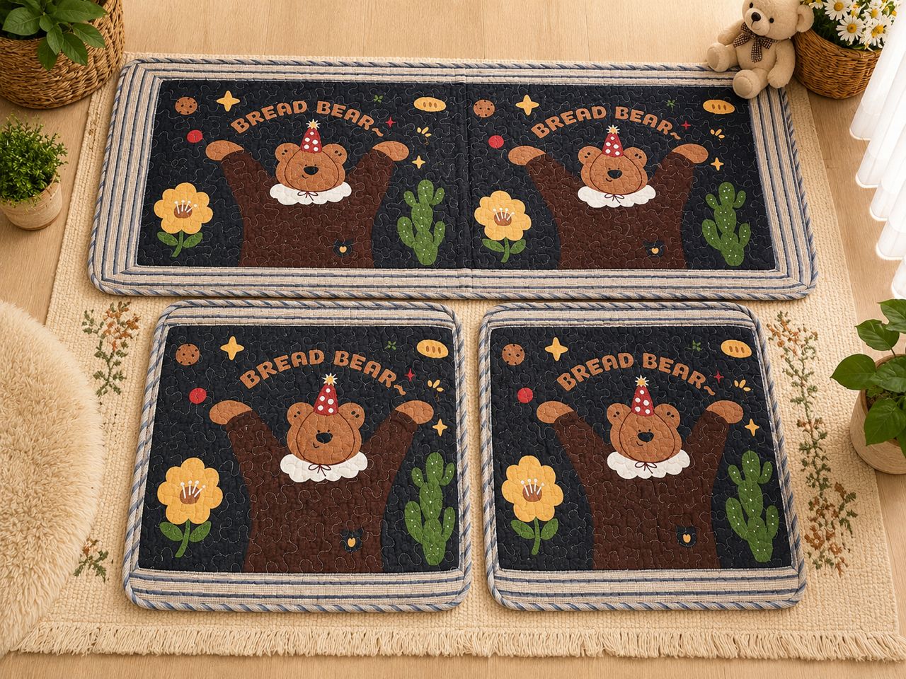 Dark brown and green cartoon bear kitchen mat set.