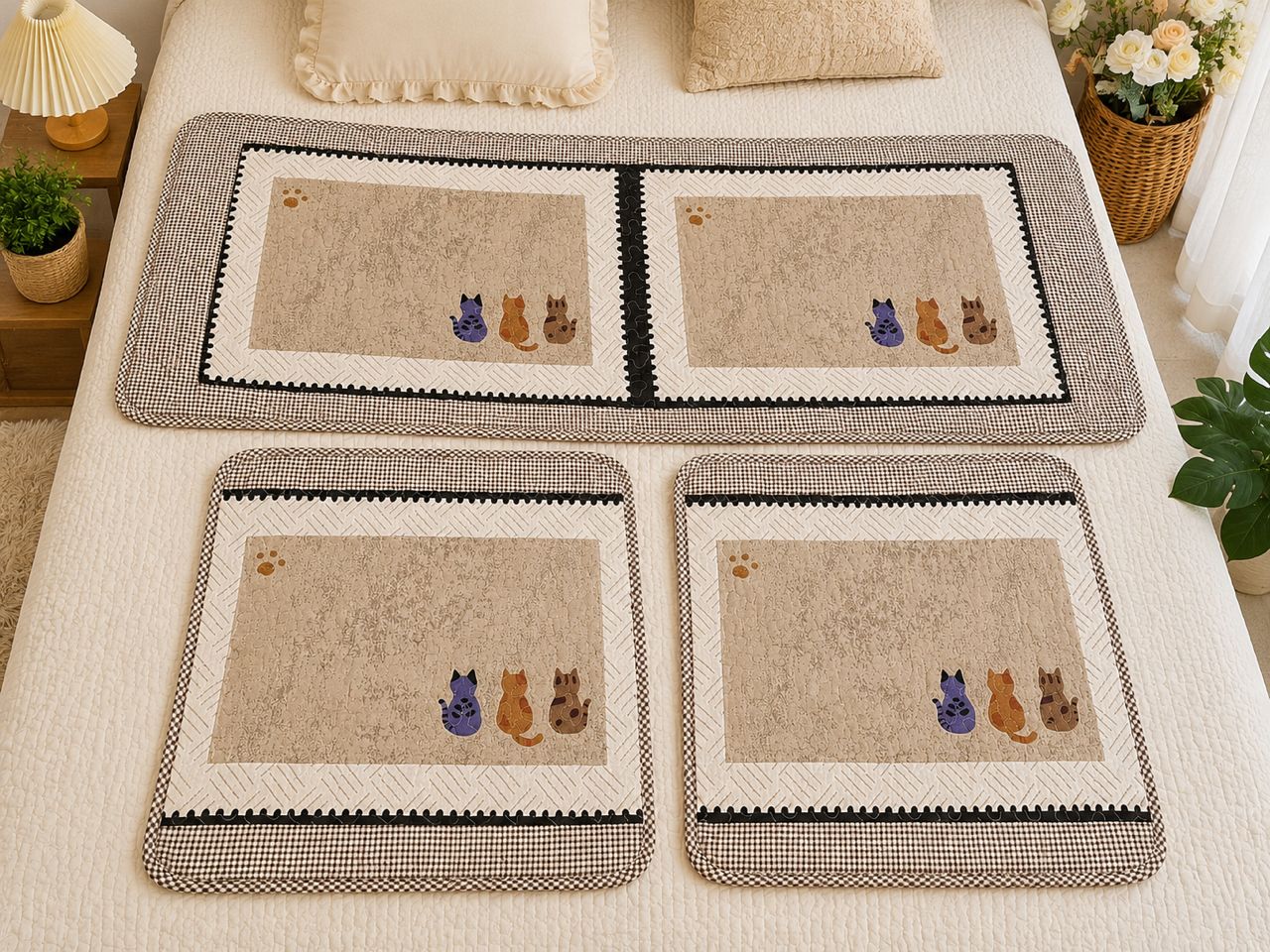 Beige framed door mats with cartoon animal trios.