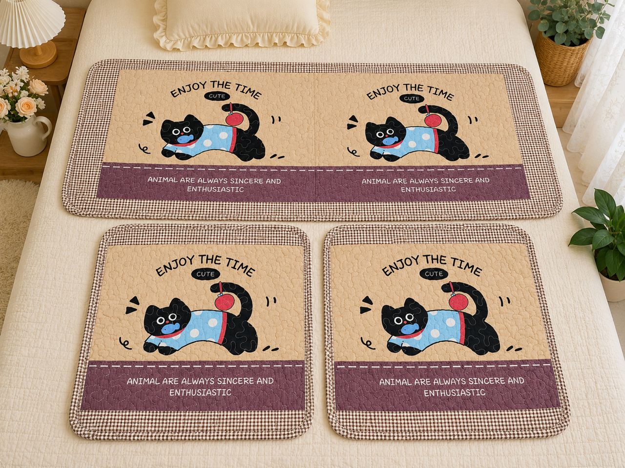 Beige and brown cat-themed floor mat set.