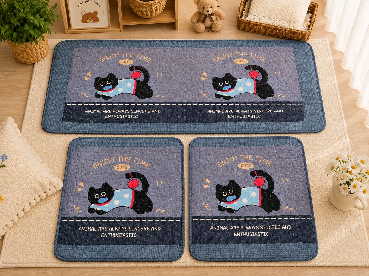 Navy blue cartoon cat floor mat set.